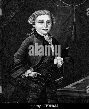 Mozart, Wolfgang Amadeus, 27.1.1756 - 5.12.1791, compositore austriaco, di mezza lunghezza, come sei anni, in abito di gala, incisione in legno, 19th secolo, Foto Stock