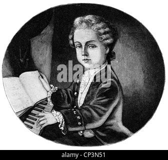 Mozart, Wolfgang Amadeus, 27.1.1756 - 5.12.1791, compositore austriaco, a mezza lunghezza, come bambino, incisione in legno, 19th secolo, Foto Stock