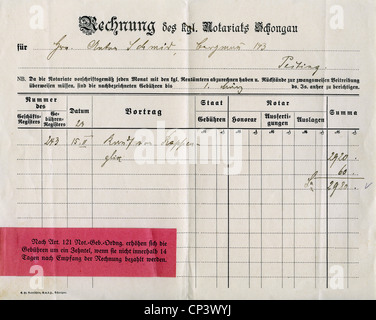 giustizia, documenti, disegno di legge, rilasciato dall'ufficio notaio di Schongau, Baviera, Germania, a conferma di un acquisto effettuato dal minatore Anton Schmid da Peiting, 15.2.1923, diritti aggiuntivi-clearences-non disponibili Foto Stock