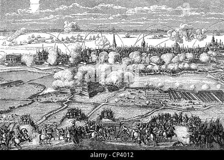 Eventi, Seconda Guerra del Nord 1655 - 1661, Assedio di Copenhagen 1658 - 1659, incisione su rame, seconda metà del XVII secolo, Danimarca, Svezia, bombardamento, artiglieria, storico, storico, persone, artista del diritto d'autore non deve essere cancellata Foto Stock