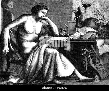 Aristotele, 384 - 322 a.C., filosofo greco, giovane, mentre studia, incisione in legno, 19th secolo, Foto Stock