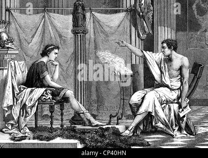 Aristotele, 384 - 322 a.C., filosofo greco, con il suo allievo Alessandro 'il Grande', incisione in legno, 19th secolo, Foto Stock