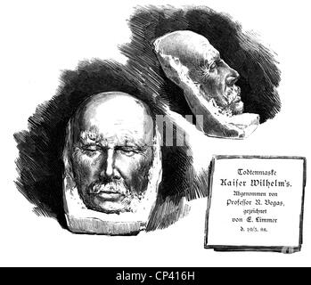 William i, 22.3.1797 - 9.3.1888, Imperatore tedesco 1871 - 1888, Re di Prussia 1861 - 1888, maschera di morte, incisione in legno, pubblicato in 'Illustrirte Zeitung' il 17.3.1888, Foto Stock