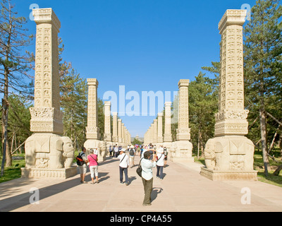 I turisti a piedi e scattare fotografie presso la nuova costruzione di ingresso verso le Grotte di Yungang. Foto Stock