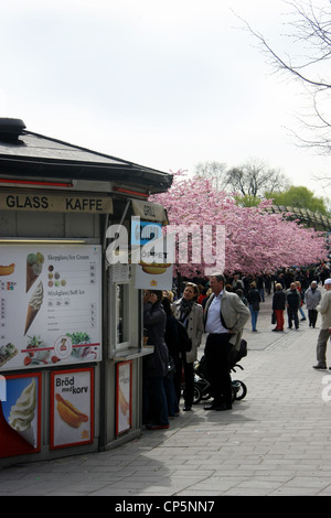 La gente in coda a un hot dog e gelati chiosco di Kungsträdgården park a Stoccolma, Svezia. Foto Stock