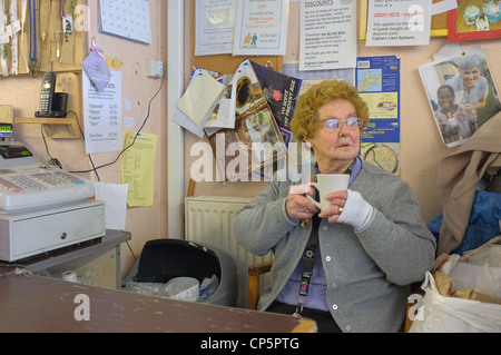 Un helper nell'Esercito della salvezza la carità shop in Falmouth, Cornwall Foto Stock