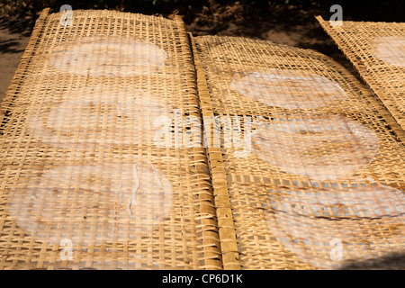 La carta di riso cerchi esterni di essiccazione su un traliccio di bambù telaio essiccazione, Cu Chi, Vietnam Foto Stock