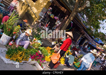 Vista orizzontale della tradizionale fiore si spegne al mercato di Hoi An Old Town. Foto Stock