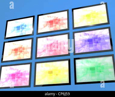 Nove monitor TV montato a parete in diversi colori che rappresentano i televisori ad alta definizione o HDTV Foto Stock