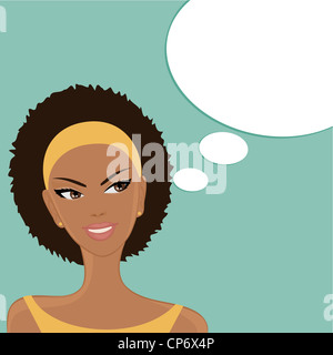 Illustrazione di una bella sorridente ragazza afro-americana con un pensiero vuoto/discorso bolla su sfondo blu. Foto Stock