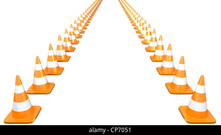 Due linee di traffico coni, isolato su sfondo bianco Foto Stock