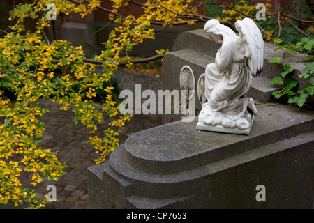 Tombe in autunno con la scultura di angelo al Campo Santo nel cimitero Sint-Amandsberg vicino a Gand, Belgio Foto Stock