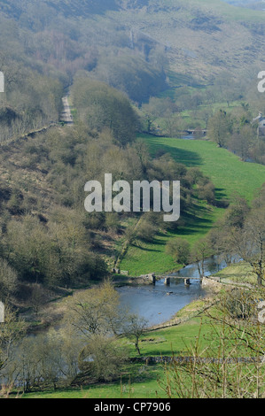 Una vista verso il basso nella monsal dale con il fiume Wye derbyshire England Regno Unito Foto Stock