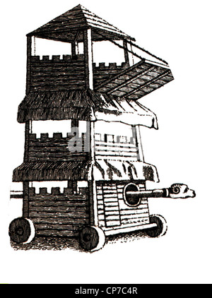 Assedio medievale torre o motore con ponte e Ariete. Foto Stock