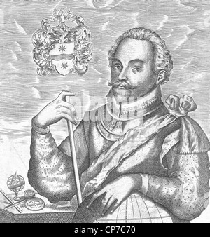 Incisione di Sir Francis Drake. Fonte, pubblicato come frontespizio per il nipote del mondo incluso. Foto Stock