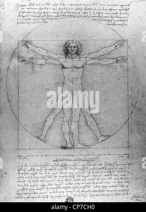 L'uomo vitruviano è rinomata in tutto il mondo come disegno creato da Leonardo da Vinci a circa 1487 Foto Stock