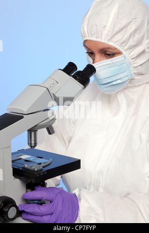 Foto di un biochimico guardando attraverso un ottico stereo microscopio da laboratorio in un provino su un vetrino. Foto Stock