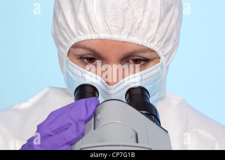 Foto di un biochimico guardando attraverso gli oculari di un ottico stereo microscopio da laboratorio. Foto Stock