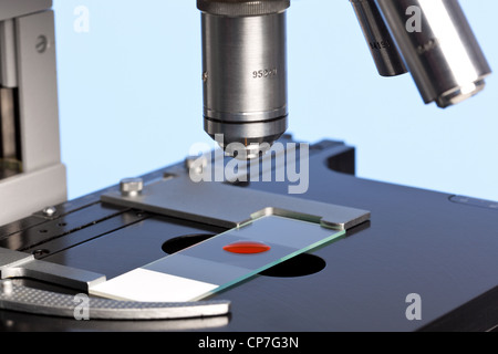 Foto di un microscopio da laboratorio con un campione di sangue su un vetrino di vetro. Foto Stock