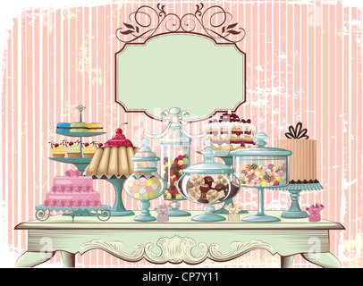Vecchia impostazione tabella con diverse torte e vasetti di vetro con una varietà di caramelle Foto Stock