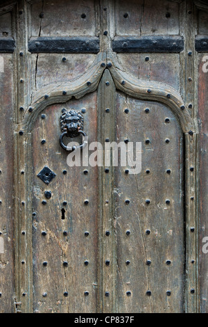 Vecchia Quercia legno porta con testa leone porta respingente, Oxford, Oxfordshire, Inghilterra Foto Stock