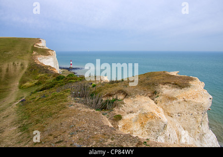 Vista di testa di spiaggia chalk cliff e light House East Sussex Regno Unito South Downs National Park Foto Stock