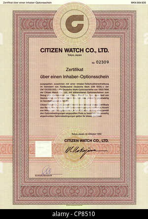 Historic Stock certificato, certificato di titoli al portatore, warrant, Historisches Wertpapier, japanischer Inhaber-Optionsschein, Foto Stock