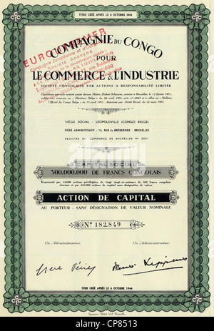 Coloniale storico certificato azionario, del commercio e dell'industria, 1944, Bruxelles, Belgio, Europa, Compagnie du Congo pour le Commerce un Foto Stock