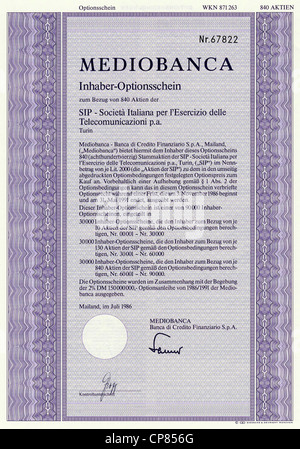 Historic Stock certificato, certificato di titoli al portatore, warrant, Historisches Wertpapier, Inhaber-Optionsschein, italienische Foto Stock