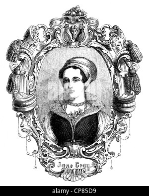 Lady Jane Gray, 1536 - 1554, brevemente la regina d'Inghilterra, soprannominato nove giorni regina o regina di tredici giorni, incisione storica Foto Stock