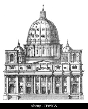 Historische, zeichnerische Darstellung, die Peterskirche in Rom, Vatikan, Italien, oder Petersdom, Basilika San Pietro, Petersbas Foto Stock