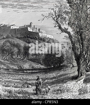 Paesaggio di Betlemme, West Bank, l'autonomia palestinese area, incisione storica del XIX secolo, Stadtansicht von Betlemme, Foto Stock