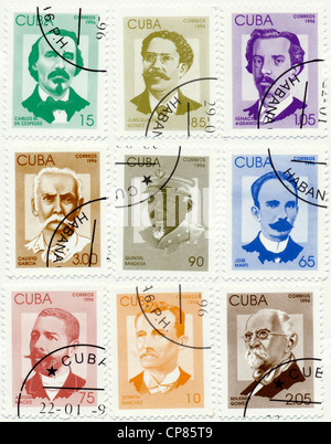 Centro storico di francobolli da Cuba, Historische Briefmarken, historische Persönlichkeiten, Carlos Manuel de Céspedes, Juan Gualbe Foto Stock