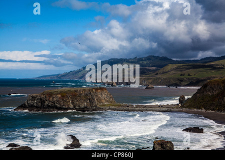 Il fiume russo fluisce nell'Oceano Pacifico a CAPRA STATO Rock Beach in California del Nord lungo l'autostrada 1 dopo una tempesta Foto Stock
