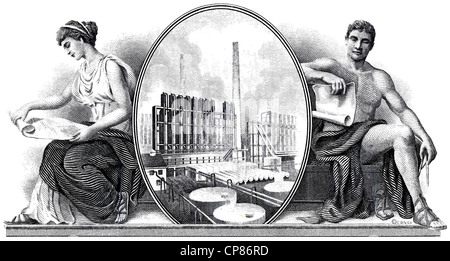 Illustrazione nelle vignette di un magazzino storico certificato di un olio e gas company, olio pipeline, serbatoi di olio nella parte anteriore di un Foto Stock