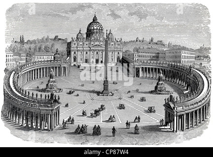 La Basilica di San Pietro e Piazza San Pietro nella Città del Vaticano, Roma, Italia, incisione storica del XIX secolo, Der Petersdom und Foto Stock