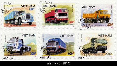 Storico di francobolli di affrancatura postale dal Vietnam, Historische Briefmarken aus Vietnam, 1990, internationale Lastkraftwagen, Volvo, Hino, DAF Foto Stock