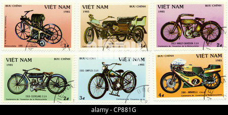 Storico di francobolli di affrancatura postale dal Vietnam, Historische Briefmarken aus Vietnam,1985, internationale Entwicklungsgeschichte des Motorr Foto Stock