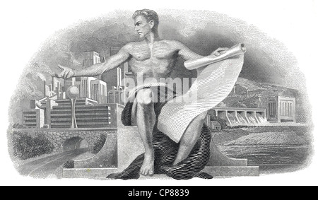 Storico certificato azionario, dettaglio delle vignette, allegorica rappresentazione di un uomo con un rotolo di carta nella parte anteriore di un moderno c Foto Stock