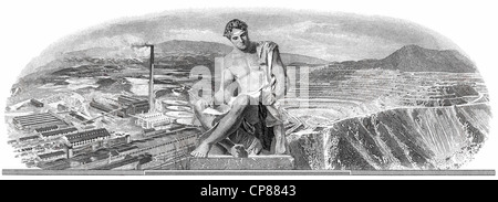 Storico certificato azionario, dettaglio delle vignette, rappresentazione allegorica di un uomo seduto di fronte a una grande fossa aperta una Foto Stock