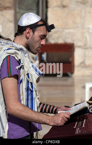 Giovane uomo ebraico leggendo la Torah indossando kippa, pregando scialle & tefillin presso il Muro del Pianto, Gerusalemme. Israele Foto Stock