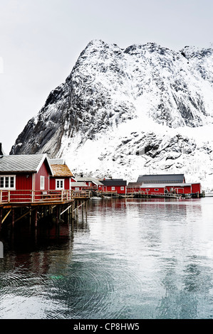 Rorbu a Reine Harbour, con Reinebringen mountain in background Foto Stock