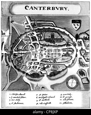 Mappa di Canterbury nel xv secolo, Kent, Inghilterra, Historische Zeichnung aus dem 19. Jahrhundert, Stadtplan von Canterbury im Foto Stock