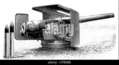 Illustrazione storica del XIX secolo, raffigurazione di un cannone tedesco da Krupp, Historische Zeichnung aus dem 19. Jahrhu Foto Stock