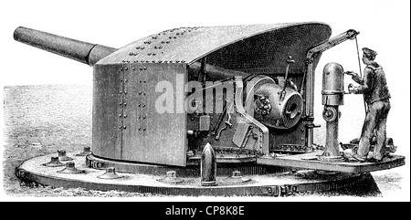 Illustrazione storica del XIX secolo, raffigurazione di un cannone tedesco da Krupp, Foto Stock