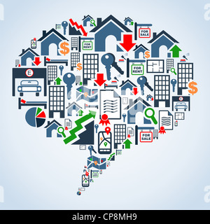 Real estate icon set in social media bolla forma illustrazione dello sfondo. File vettoriale stratificata per una facile manipolazione e colorazione personalizzata. Foto Stock