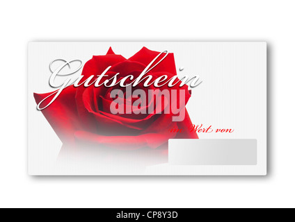 Scheda coupon con red rose contro uno sfondo bianco, close up Foto Stock