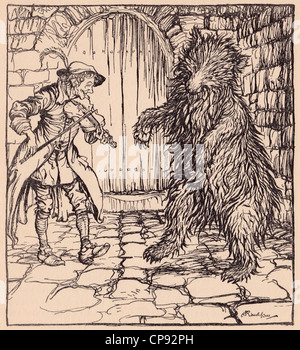 Quando l'orso sentito la musica non poteva aiutare inizio alla danza. Illustrazione di Arthur Rackham da Grimm fiaba Foto Stock