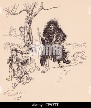 Chiunque lo videro, fuggirono. Illustrazione di Arthur Rackham da Grimm fiaba Bearskin. Foto Stock