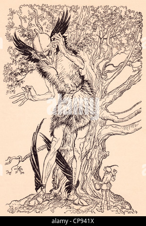 Un terribile compagno di metà grande come la struttura ad albero da cui egli era in piedi. Illustrazione di Arthur Rackham da Grimm fiaba Foto Stock